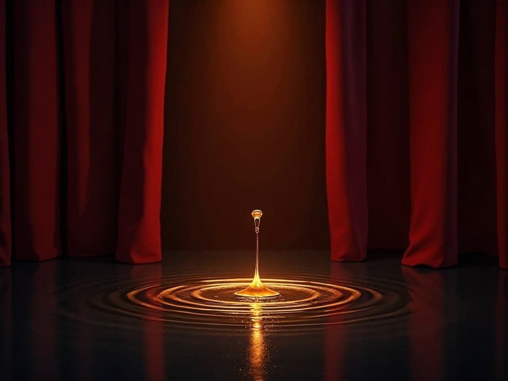 איור — טיפה זהובה יוצרת אדווה על רצפת במה, מסכת תיאטרון מוארת ברקע הווילון